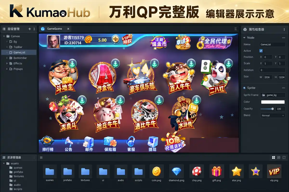 万利QP完整版：安卓苹果安装包＋多款游戏组件，配套后台与9组数据库